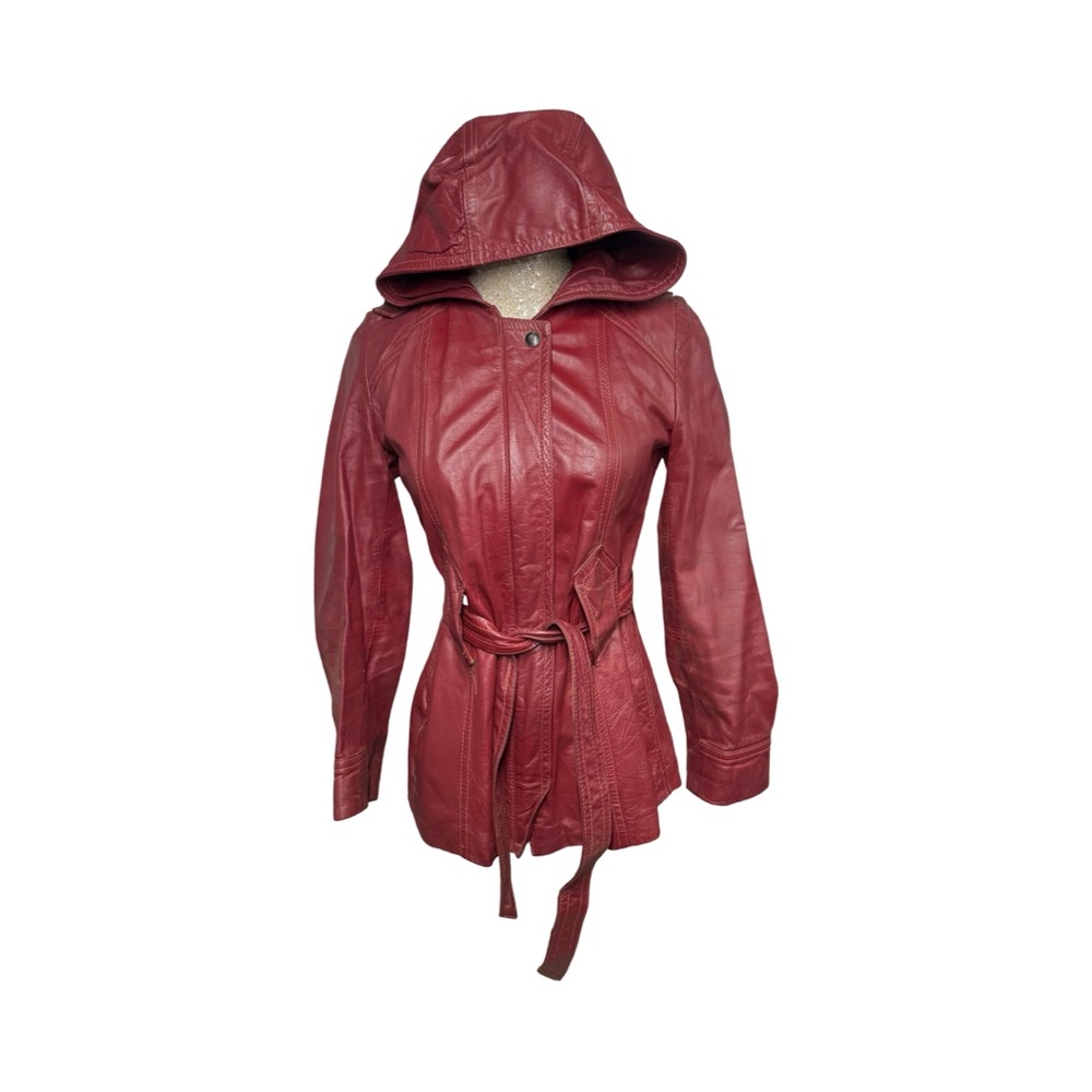 VINTAGE 70s Red Genuine Leather Hooded Jacket - XSmall